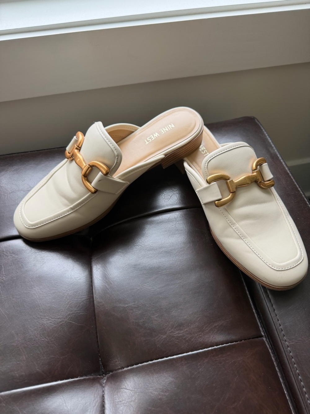 Nine West Cream Mule Loafers with Gold Bit Detail